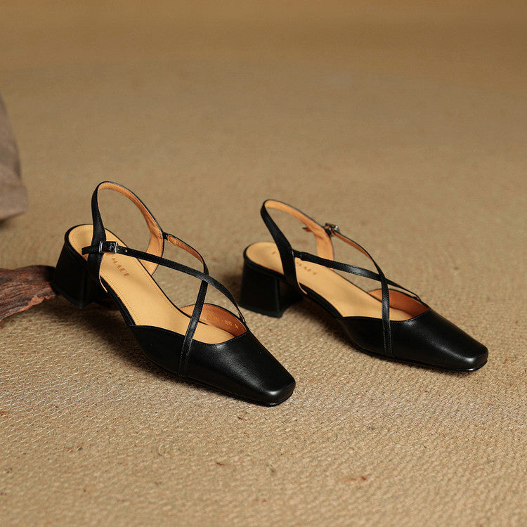 Women's Leather Block Heels with Closed Toe and Ankle Strap