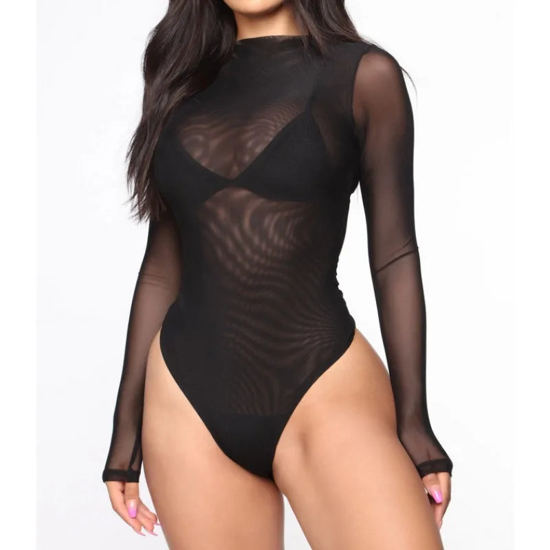 Women's Mesh Bodysuit Long Sleeve High Neck Sheer Top
