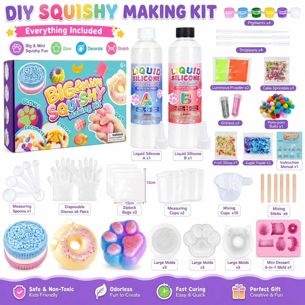 Infographic overview of the DIY squishy making kit: box, silicone bottles and example finished squishies