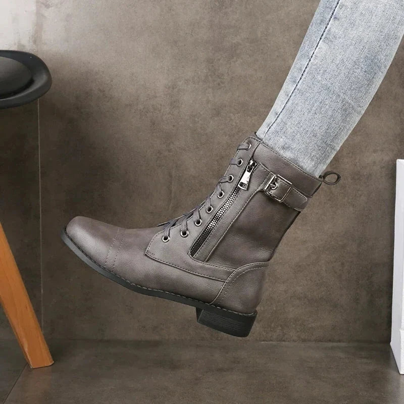 Women's Lace-Up Mid-Calf Boots - Leather Upper with Zipper