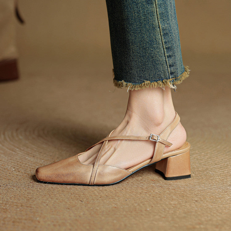 Women's Leather Block Heels with Closed Toe and Ankle Strap