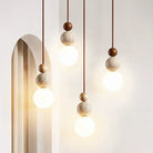 Spherical Pendant Lamp with Travertine and Wood Details