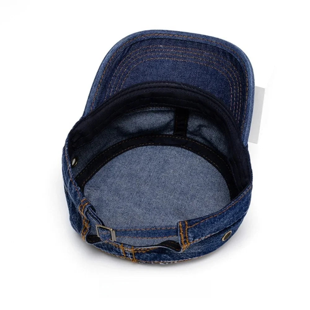 Unisex Denim Cadet Cap – Flat-Top Military Style Hat