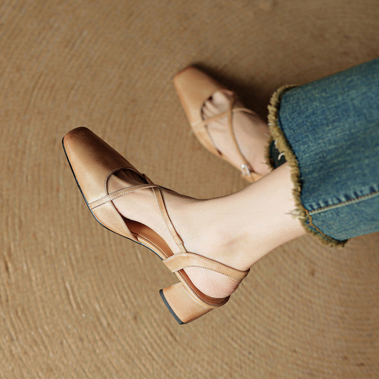 Women's Leather Block Heels with Closed Toe and Ankle Strap