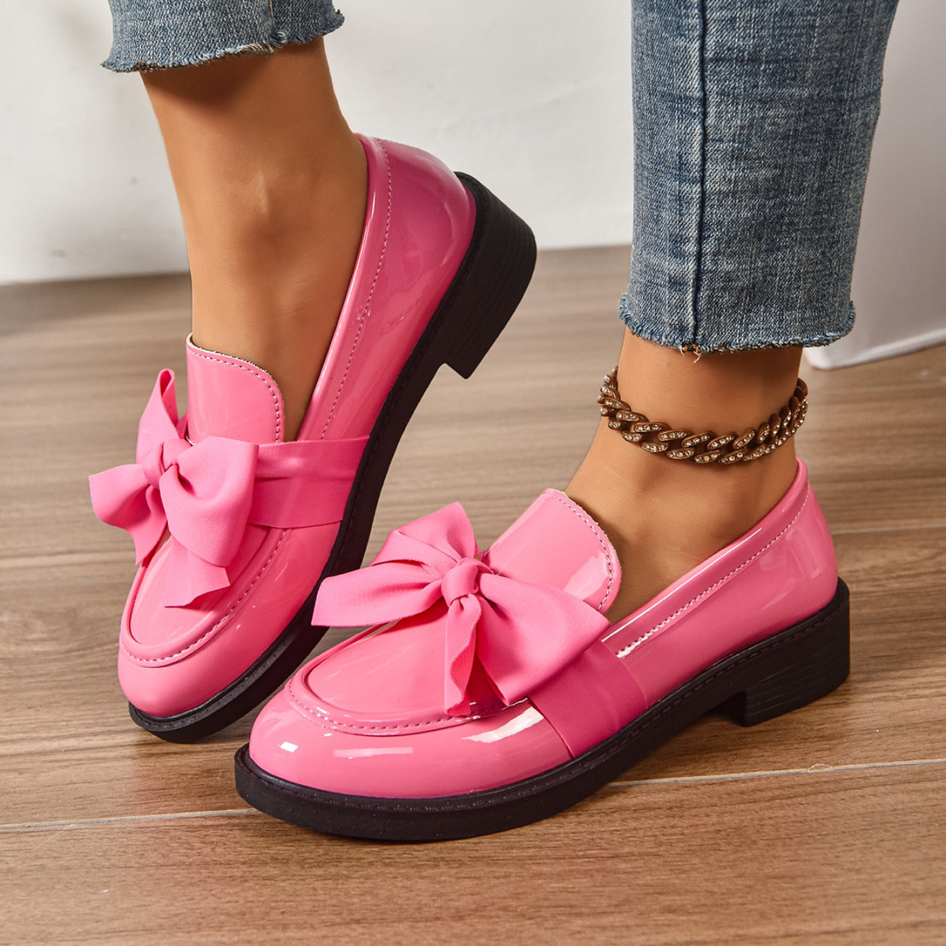 Women's Bow Loafers – Glossy Leather Platform Slip-Ons