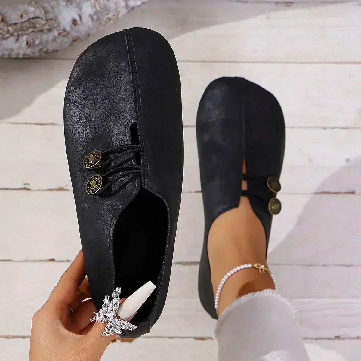 Women's Suede Loafers Soft Padded Insole Elastic Button Strap