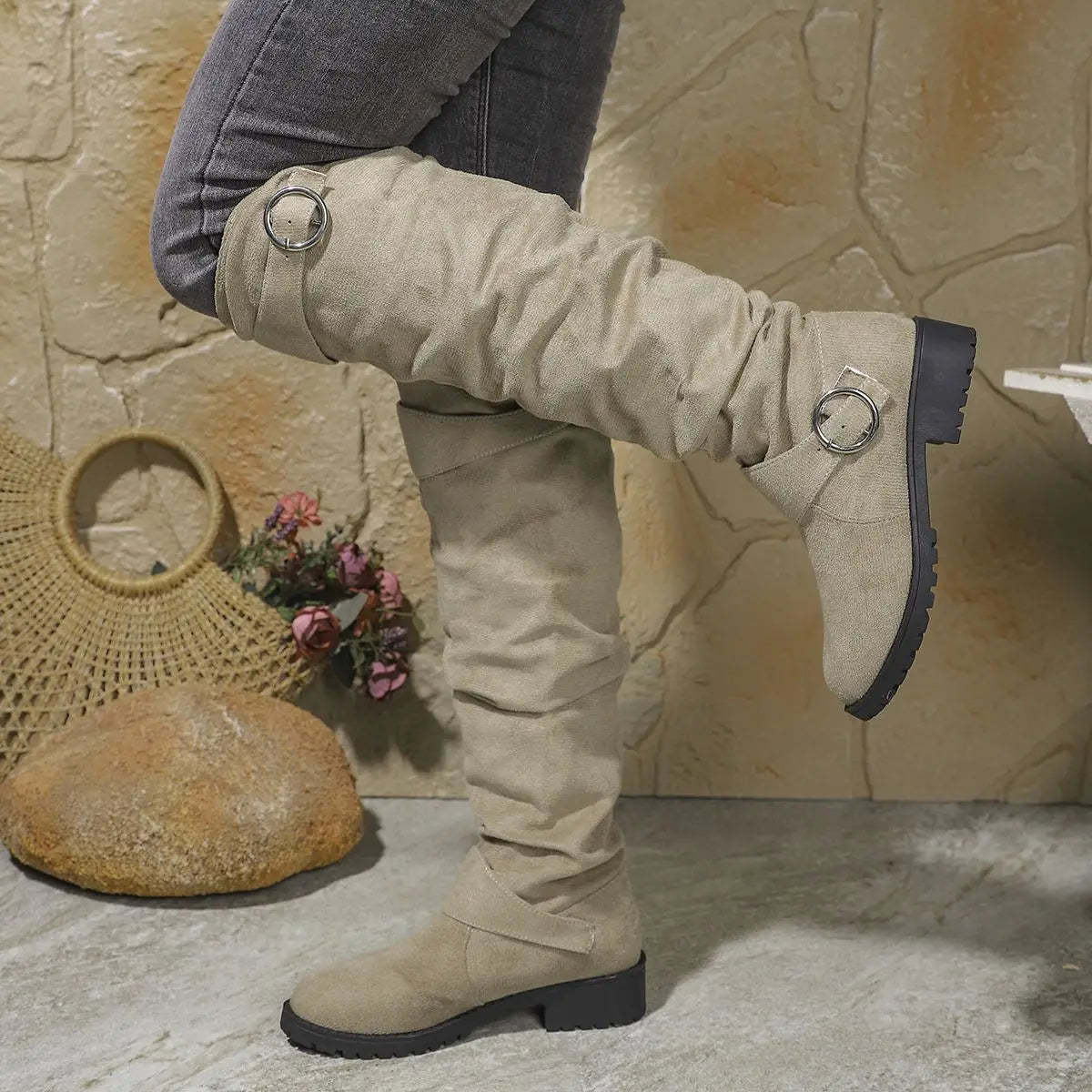 Knee High Boots for Women with Buckle Detail, Slouchy Fit