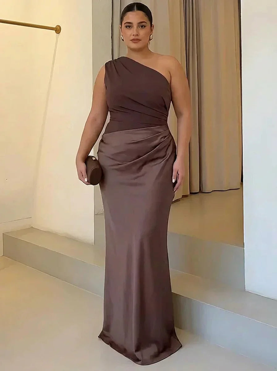 Women's Satin Maxi Dress with Asymmetric Draped Detail