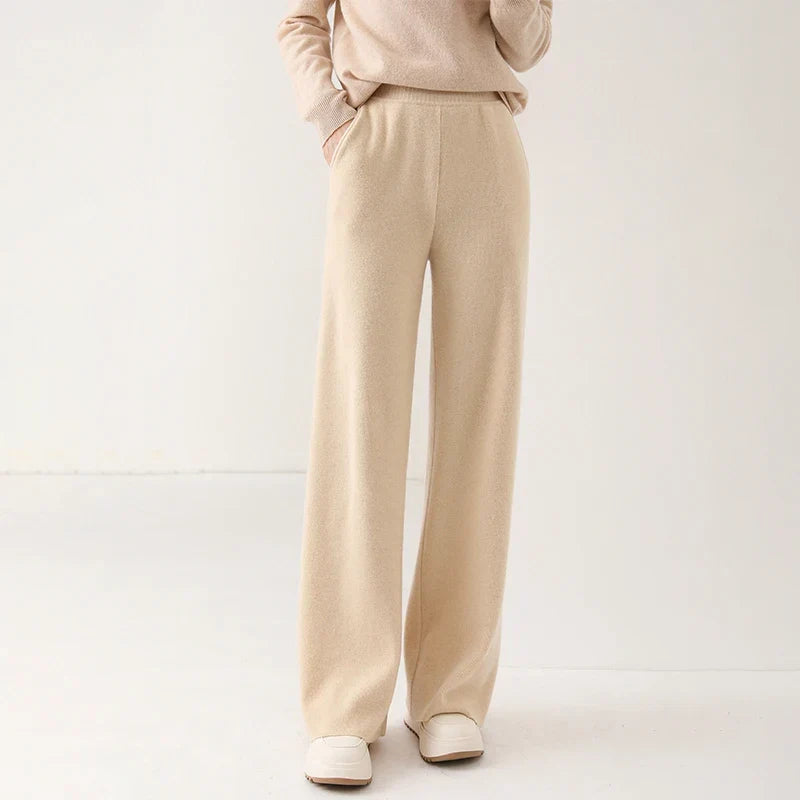 Women's Merino Wool Pants, High-Waisted Wide-Leg Knit