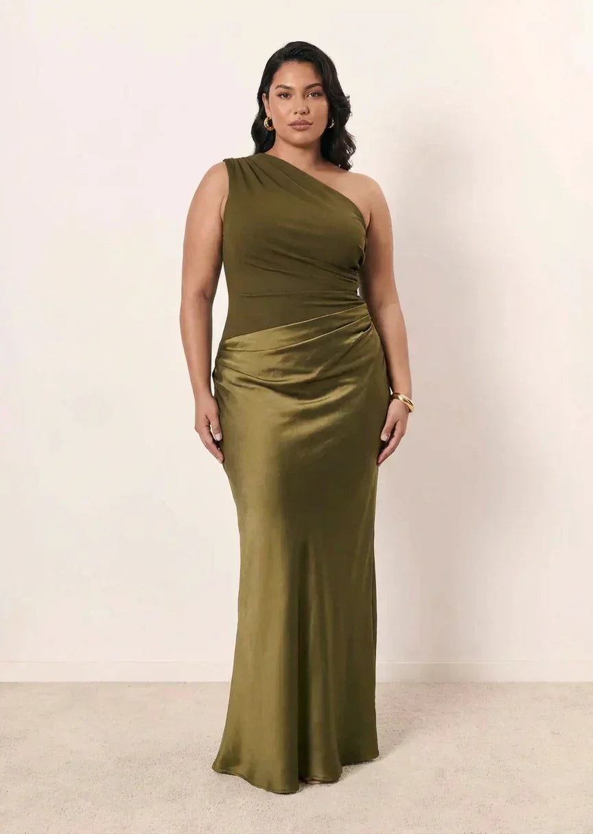 Women's Satin Maxi Dress with Asymmetric Draped Detail