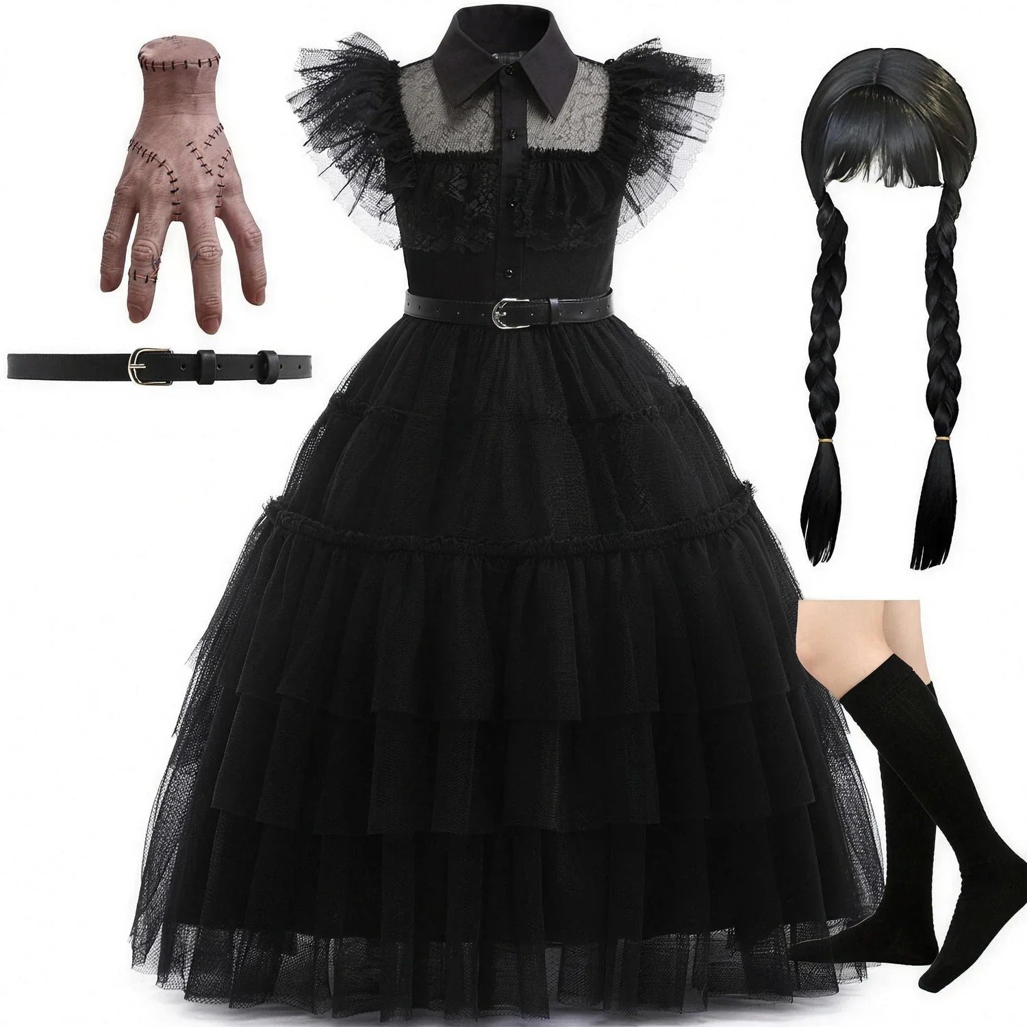 Wednesday Addams costume with braided wig, prop hand and knee socks bundle