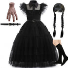Wednesday Addams costume with braided wig, prop hand and knee socks bundle