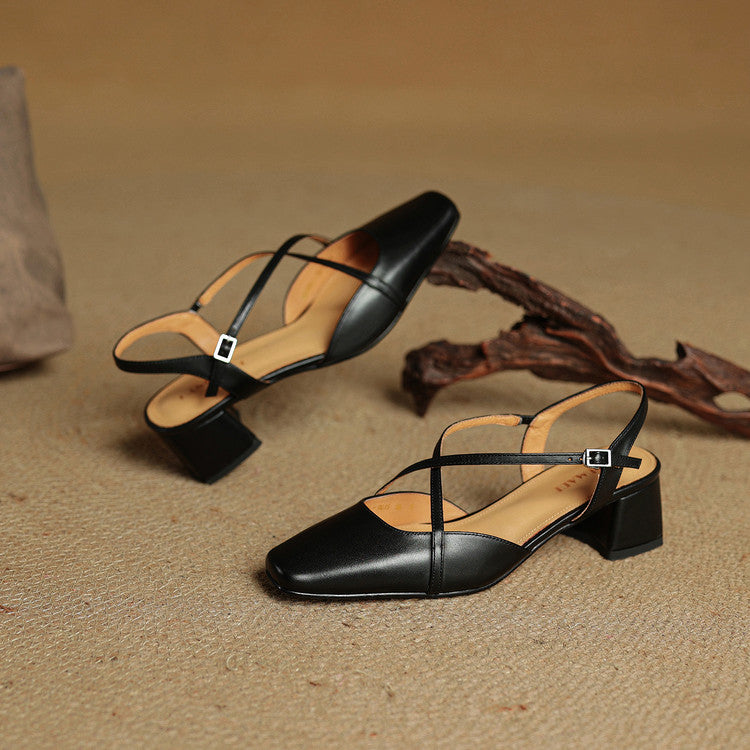 Women's Leather Block Heels with Closed Toe and Ankle Strap