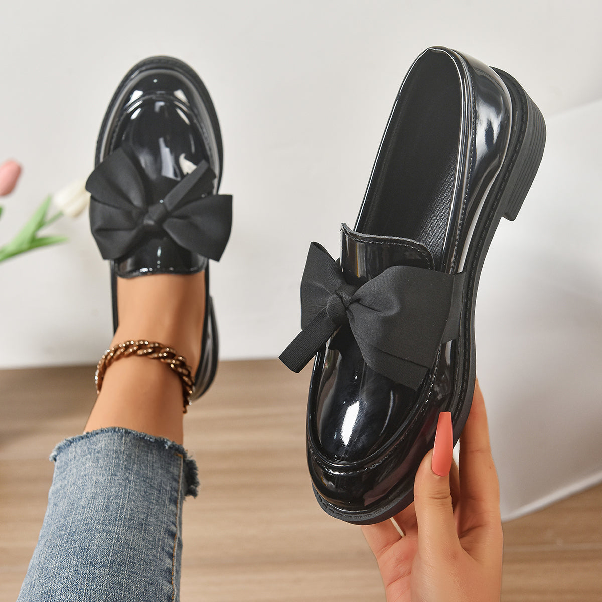 Women's Bow Loafers – Glossy Leather Platform Slip-Ons