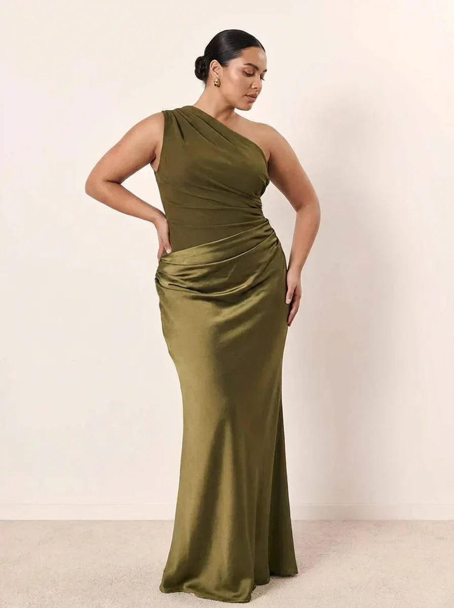 Women's Satin Maxi Dress with Asymmetric Draped Detail
