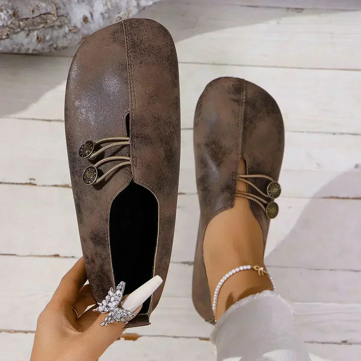 Women's Suede Loafers Soft Padded Insole Elastic Button Strap