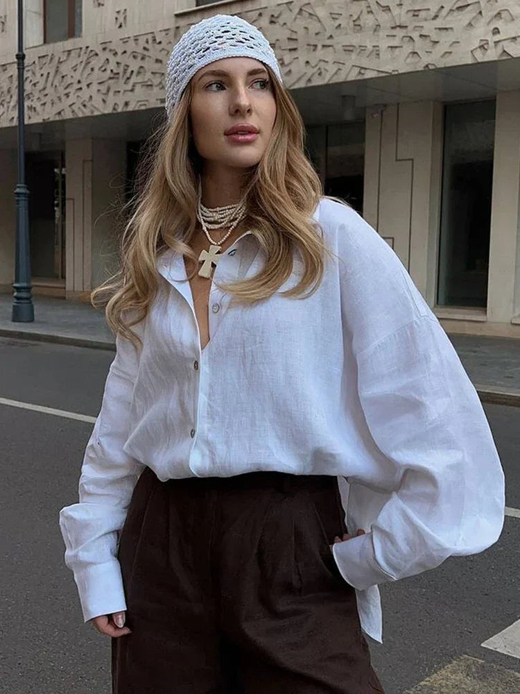 Harlow | Dames Oversized Blouse van Linnen met Klassieke Hemdkraag