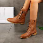 Women's Lace-Up Mid-Calf Boots - Leather Upper with Zipper
