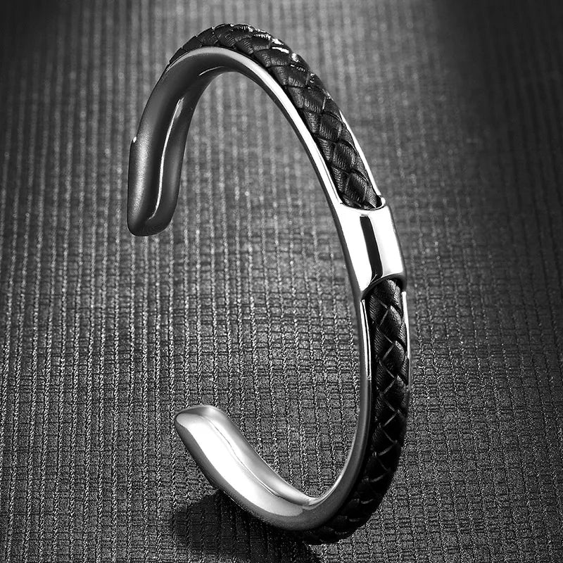 Men's Leather Cuff Bracelet - Stainless Steel and Braided Leather
