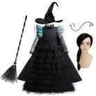 Girls emerald witch costume with hat, broom, glasses and wig bundle