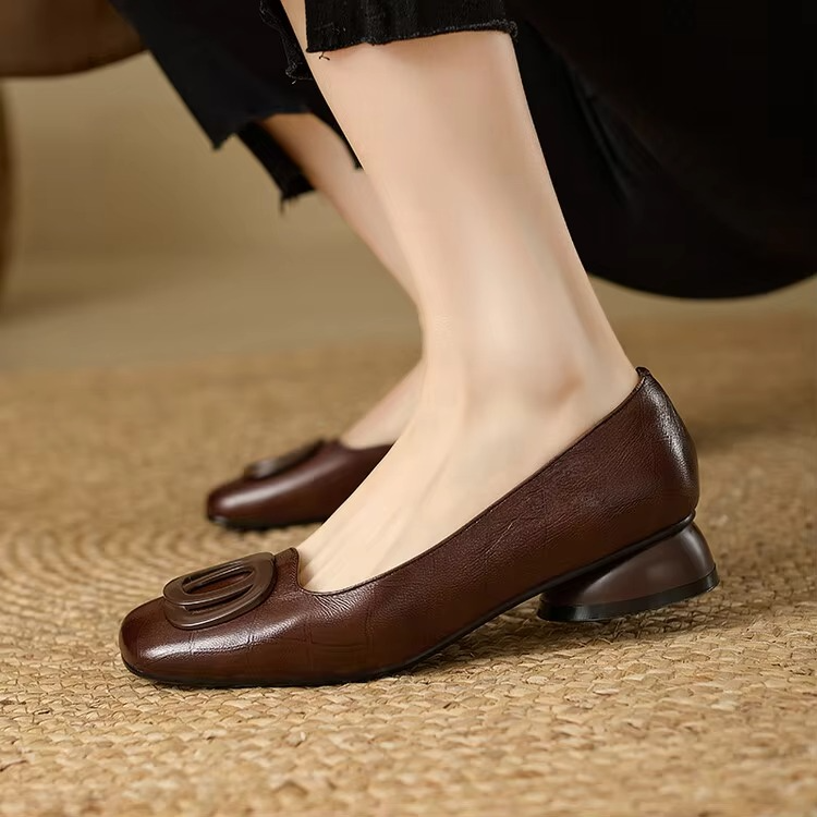 Women's Square Toe Loafers with Block Heel and Hardware Detail