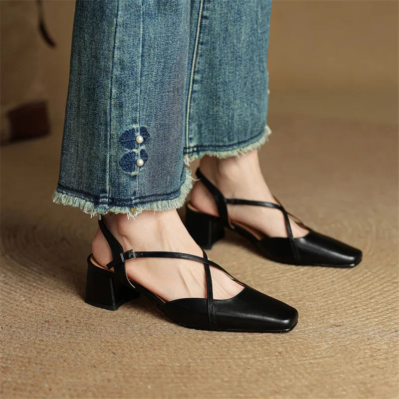 Women's Leather Block Heels with Closed Toe and Ankle Strap