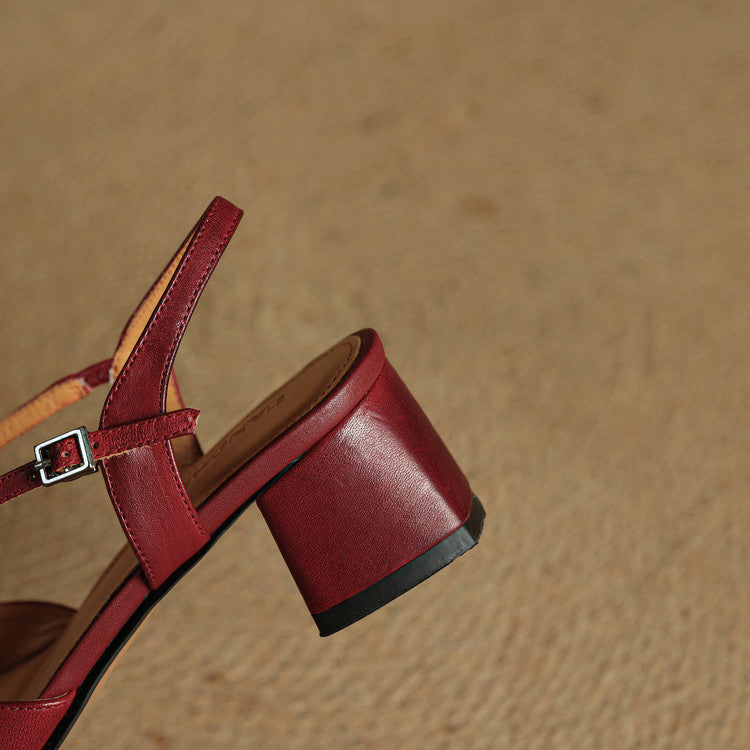 Women's Leather Block Heels with Closed Toe and Ankle Strap
