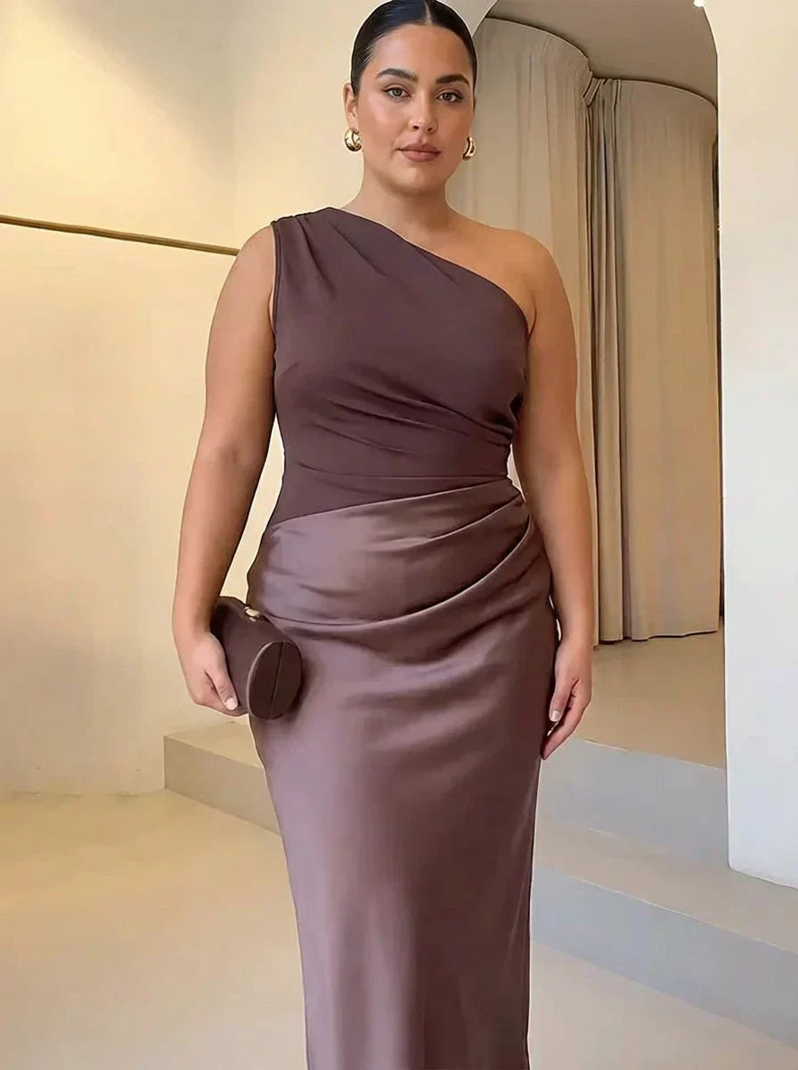 Women's Satin Maxi Dress with Asymmetric Draped Detail