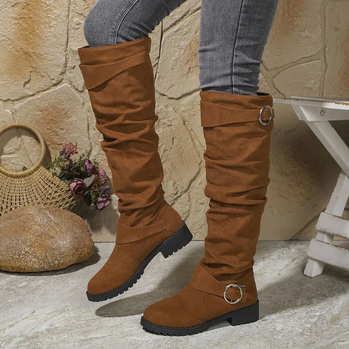 Knee High Boots for Women with Buckle Detail, Slouchy Fit