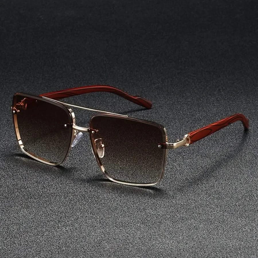Square Metal Sunglasses with Wooden-Finish Arms
