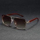 Square Metal Sunglasses with Wooden-Finish Arms