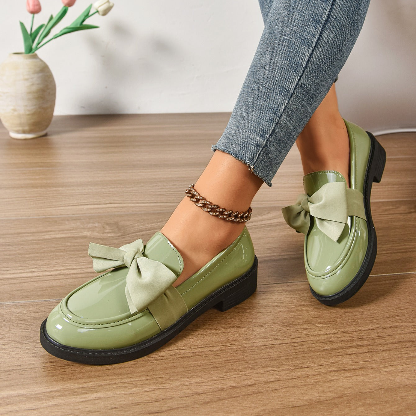 Women's Bow Loafers – Glossy Leather Platform Slip-Ons