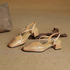 Women's Leather Block Heels with Closed Toe and Ankle Strap