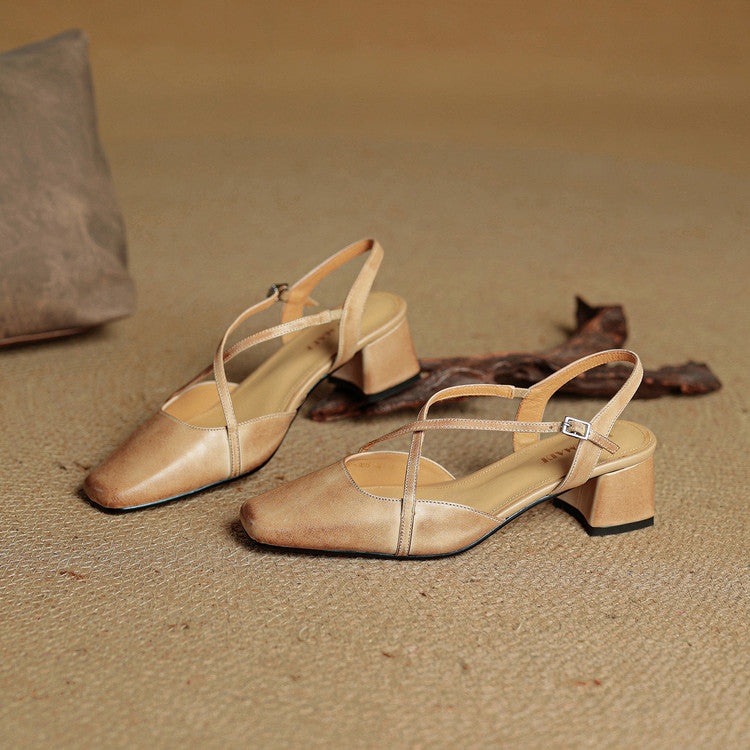 Women's Leather Block Heels with Closed Toe and Ankle Strap