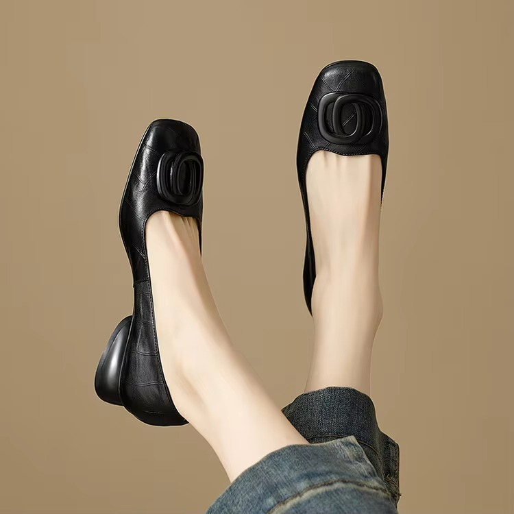 Women's Square Toe Loafers with Block Heel and Hardware Detail