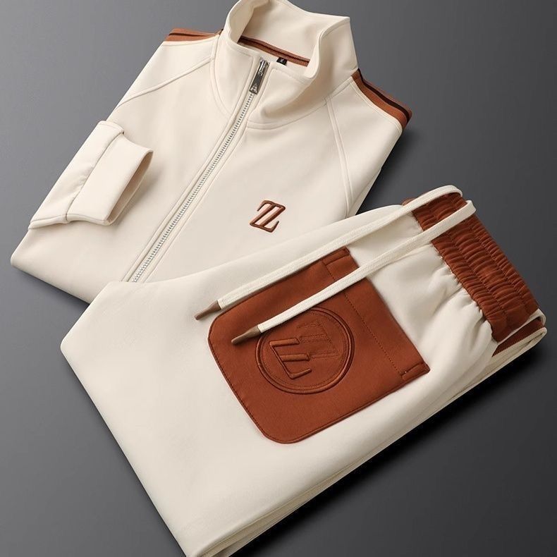 Women's Tracksuit Set with Faux Leather Trim Zip-Up Jacket