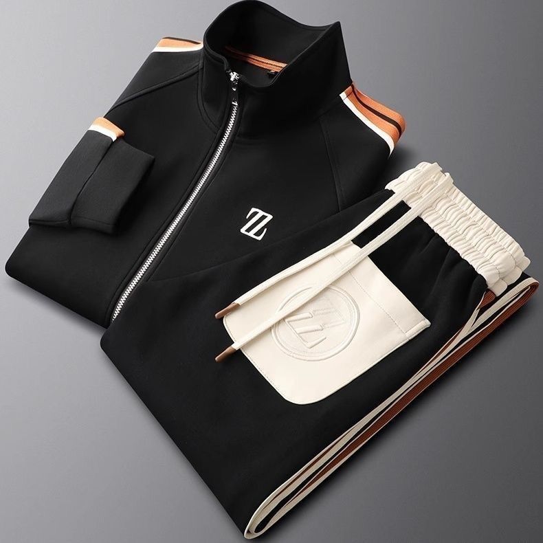Women's Tracksuit Set with Faux Leather Trim Zip-Up Jacket