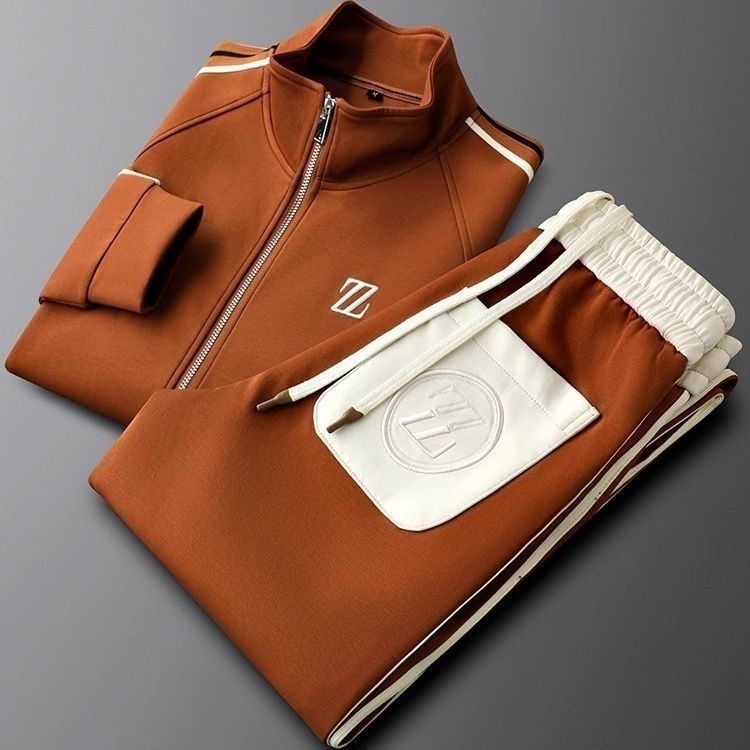 Women's Tracksuit Set with Faux Leather Trim Zip-Up Jacket