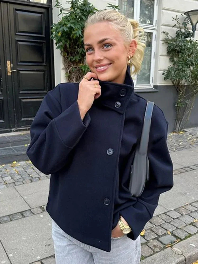 Claire elegante herfst jas| Dames korte jas met opstaande kraag en enkelrijige sluiting