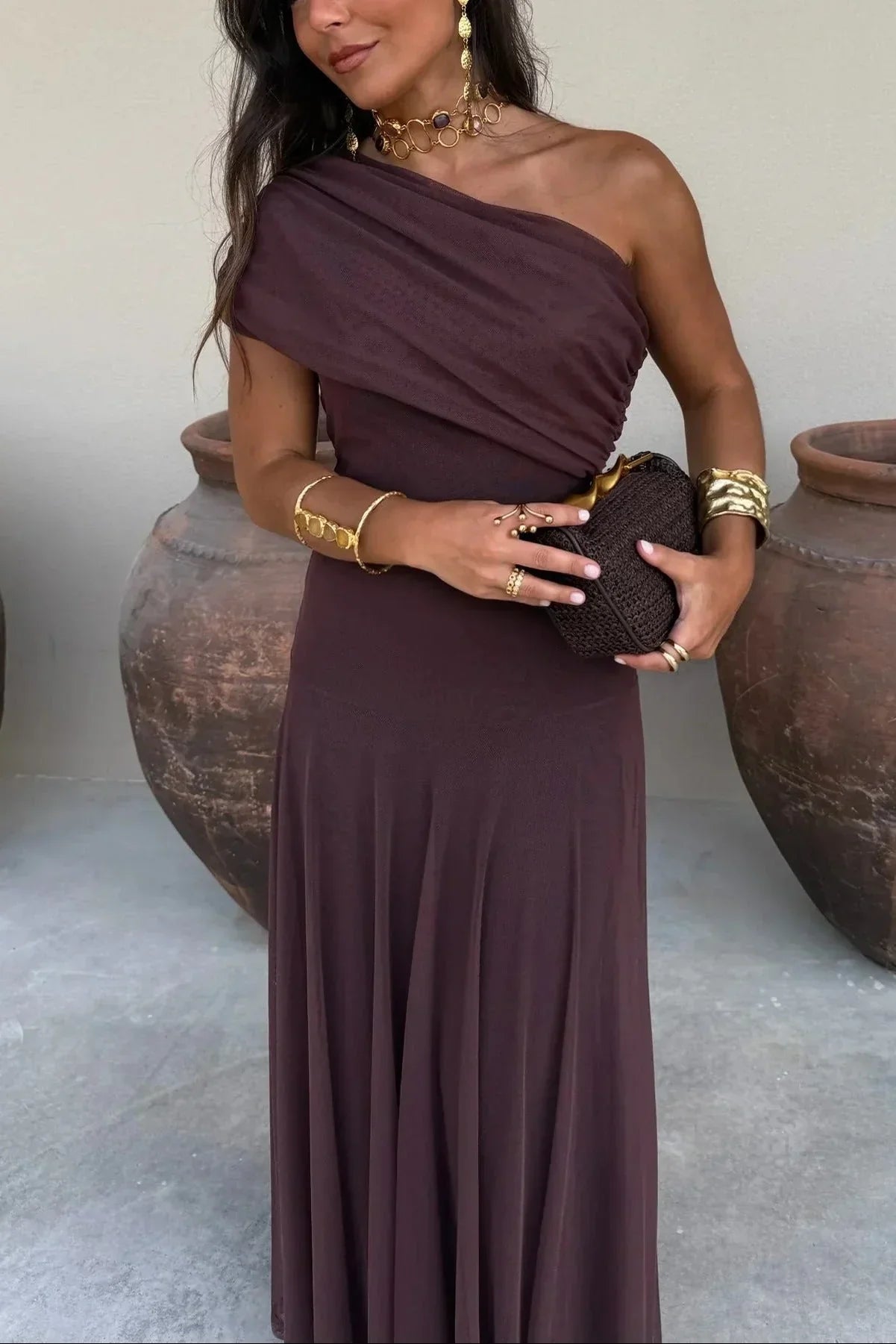 Wedding Guest Dress - One-Shoulder Maxi Dress with Draped Fluid Fabric