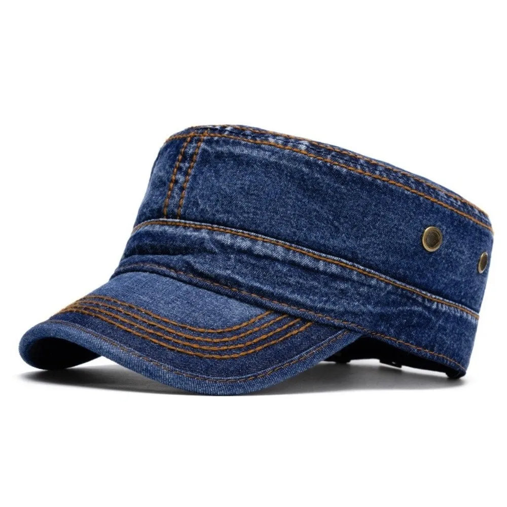 Unisex Denim Cadet Cap – Flat-Top Military Style Hat
