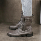 Women's Lace-Up Mid-Calf Boots - Leather Upper with Zipper