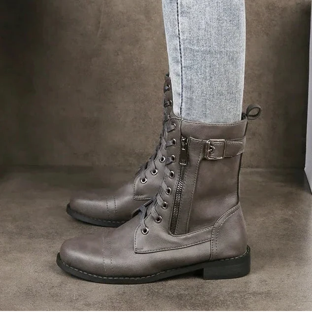 Women's Lace-Up Mid-Calf Boots - Leather Upper with Zipper
