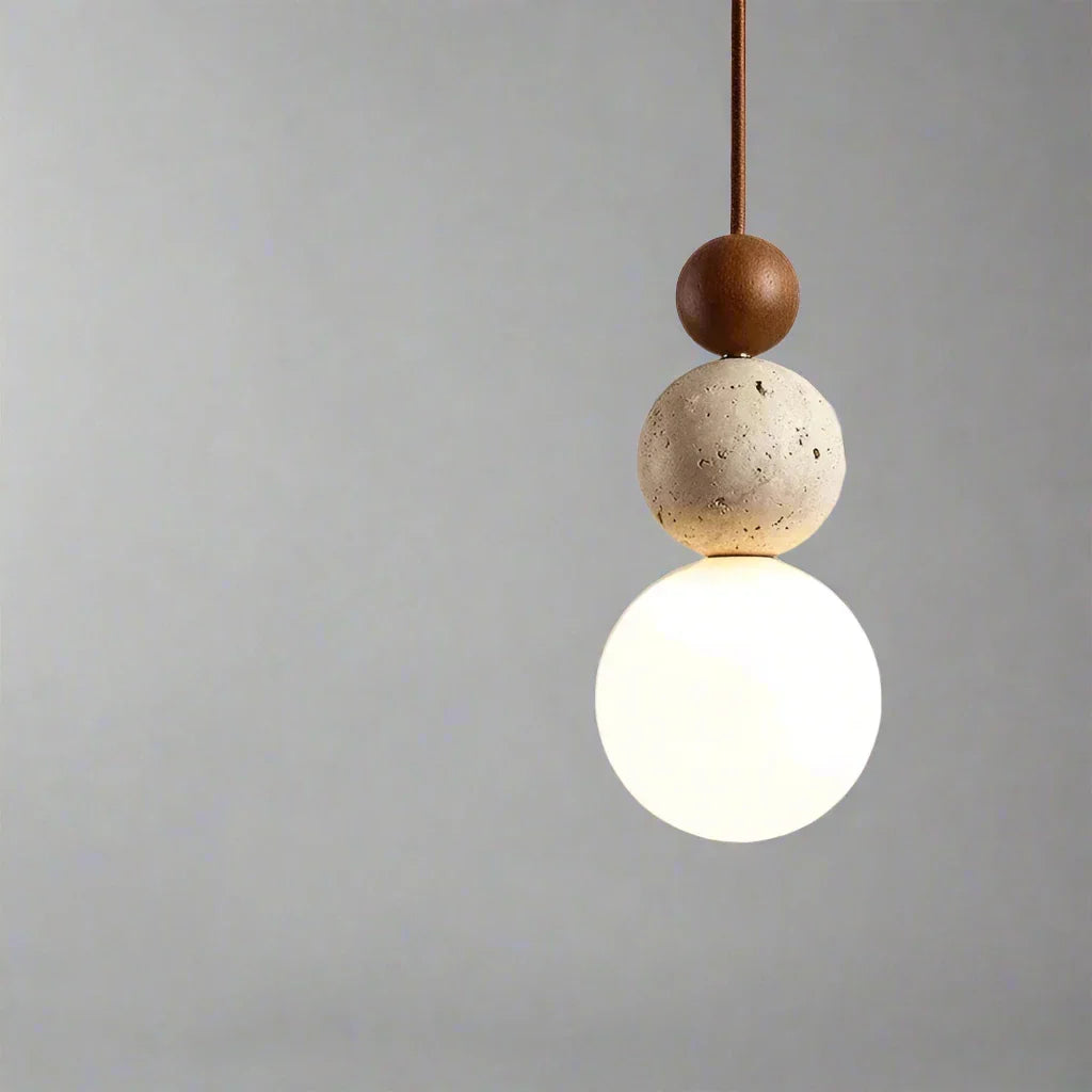 Spherical Pendant Lamp with Travertine and Wood Details