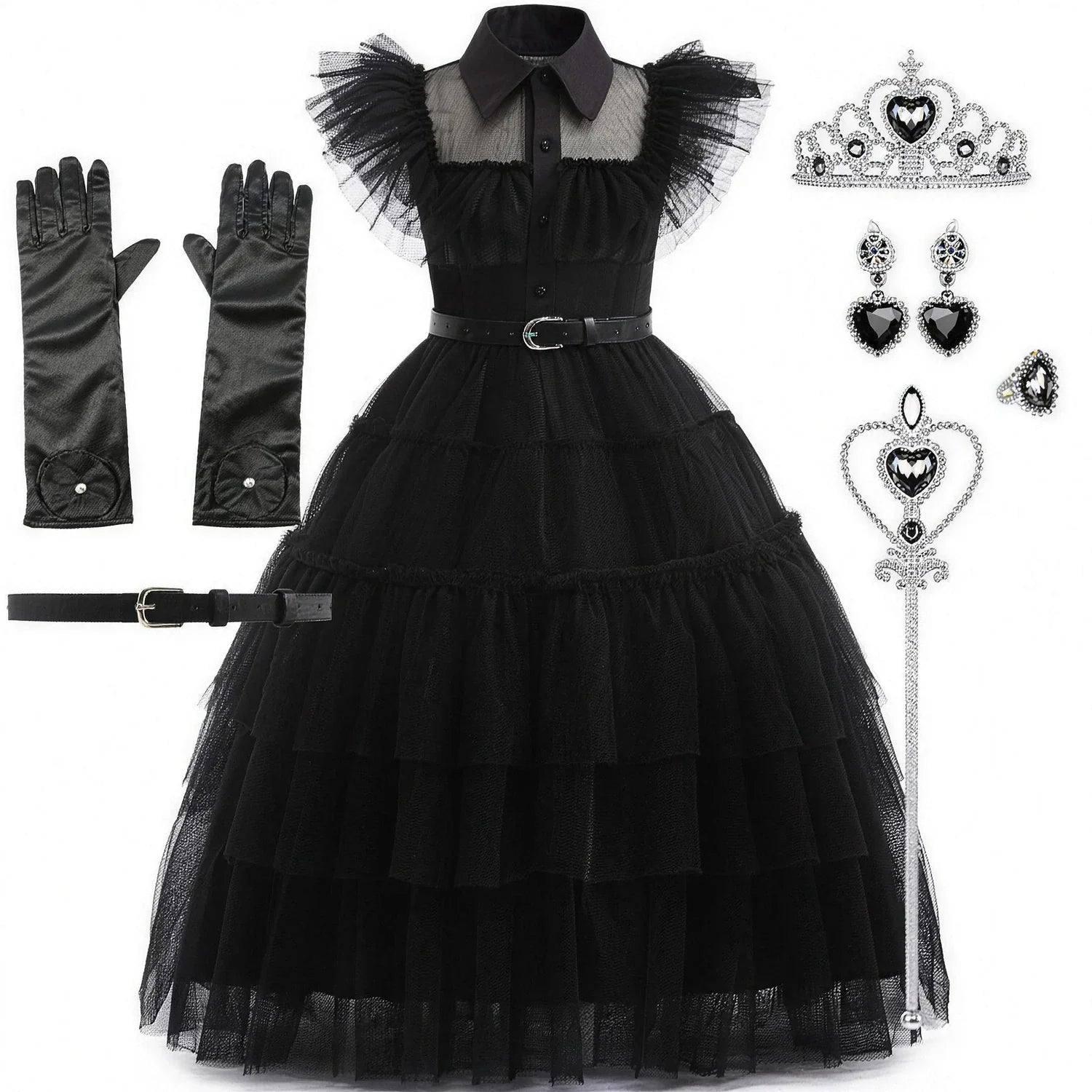 Wednesday Addams costume with belt, gloves and jewellery bundle