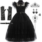 Wednesday Addams costume with belt, gloves and jewellery bundle