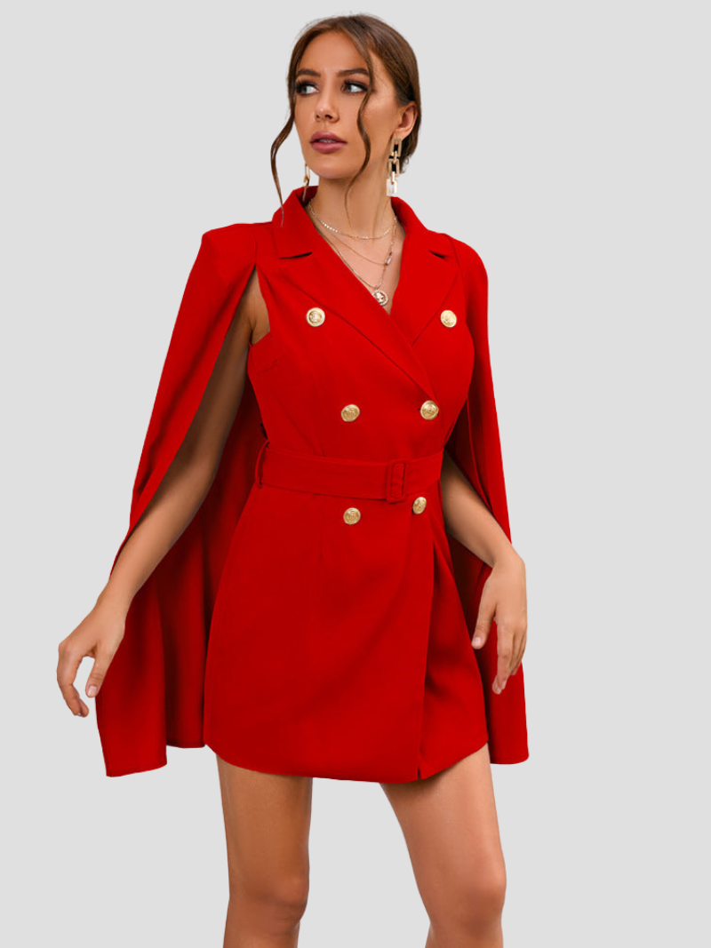 Elettra | Dames Cape Blazer Jurk – Elegante Tailleaccentuatie met Luxe Gouden Knopen