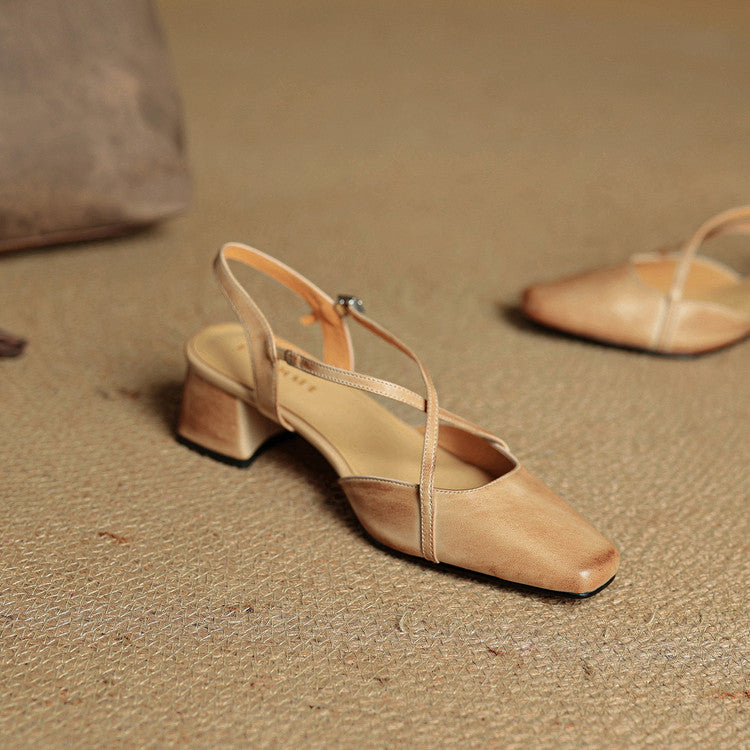 Women's Leather Block Heels with Closed Toe and Ankle Strap
