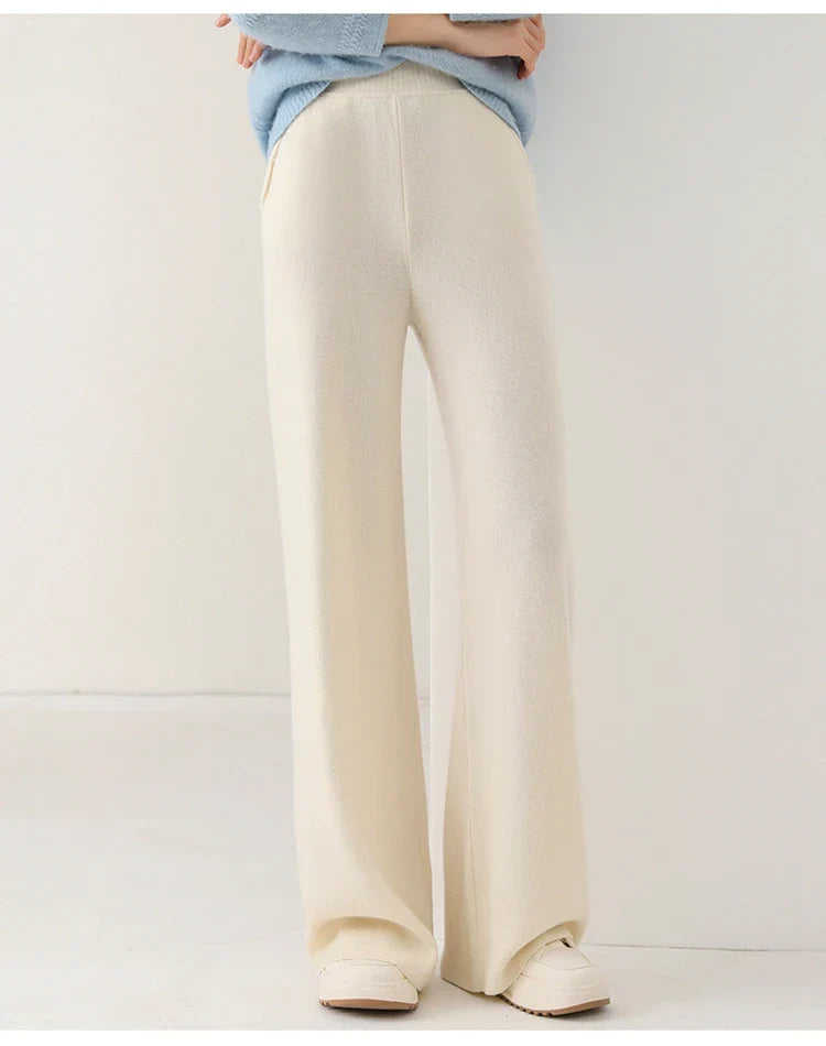 Women's Merino Wool Pants, High-Waisted Wide-Leg Knit