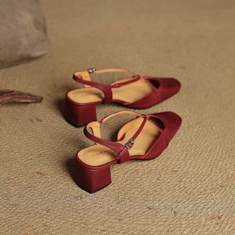 Women's Leather Block Heels with Closed Toe and Ankle Strap
